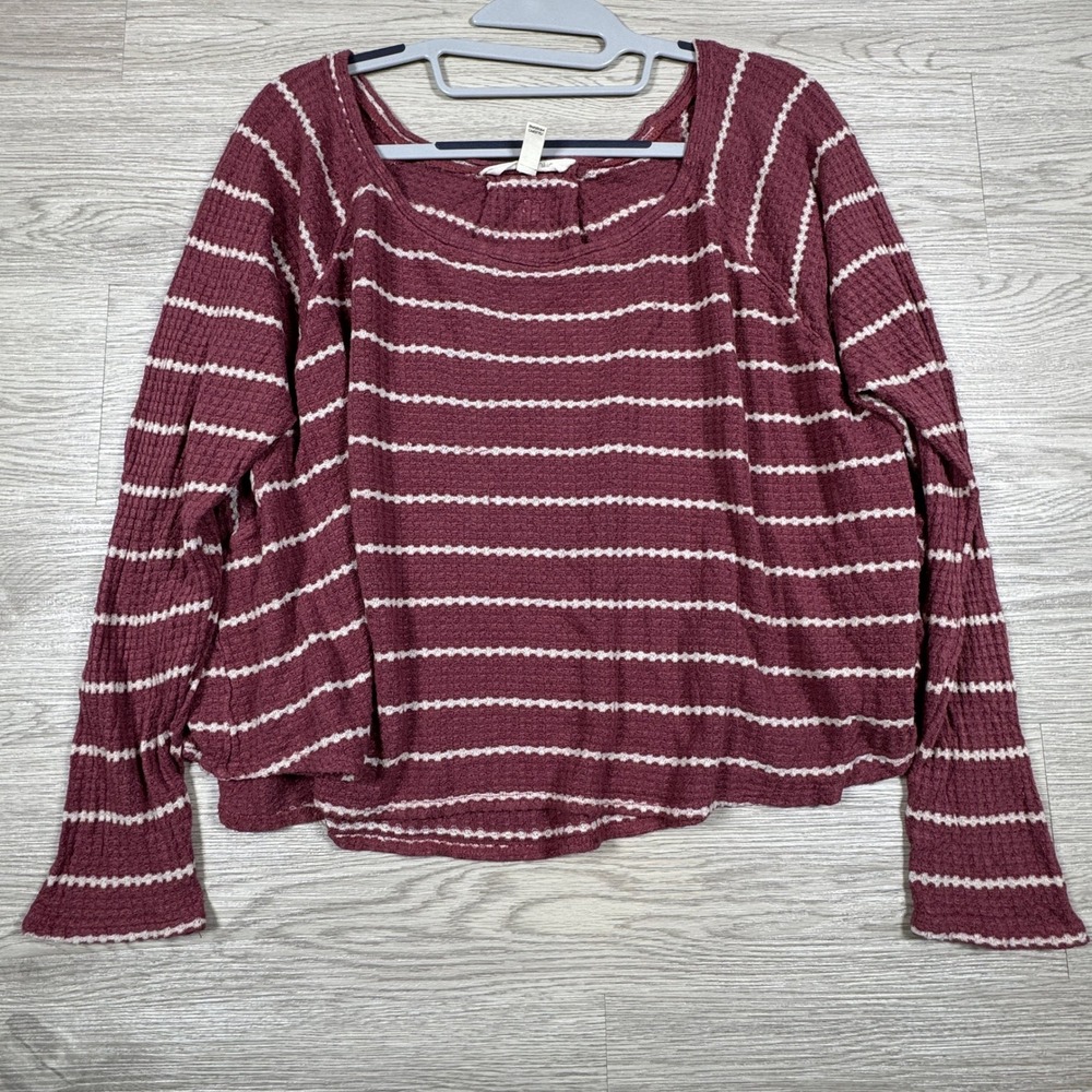 Billabong Women Top Striped Waffle Knit Long Sleeve Maroon‎ White Medium Relaxed